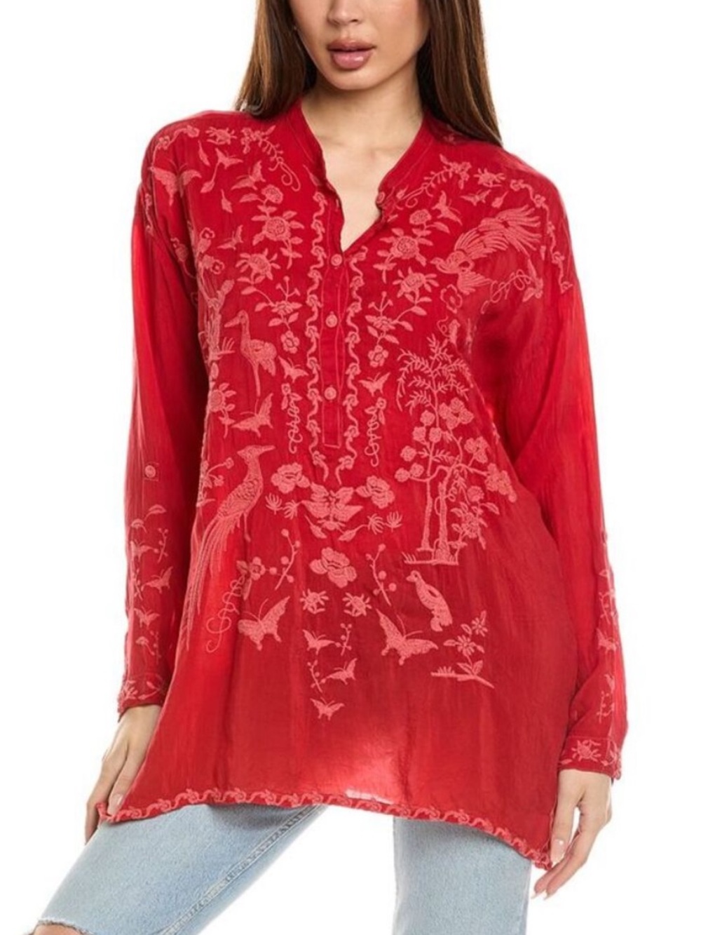 Johnny Was Slim Audrey Tunic Top Small Red Orange Embroidered Floral Boho Cupra